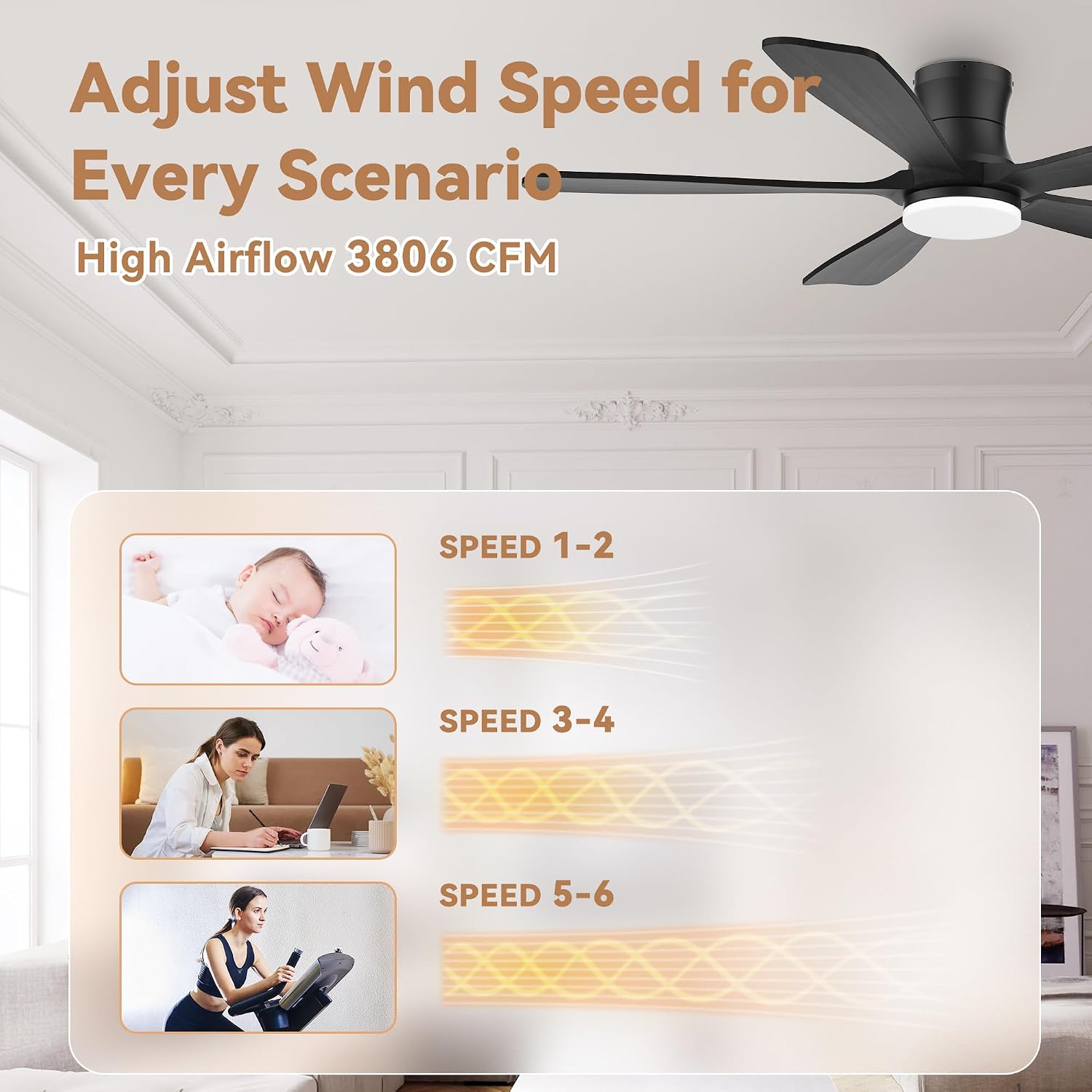 52'Wood Smart Flush Mount Ceiling Fans with Lights Remote,Control via WIFI Alexa Google App,6 Speed,Quiet DC Motor,Modern Black Outdoor Indoor Low Profile Ceiling Fan for Bedroom Patio Porch