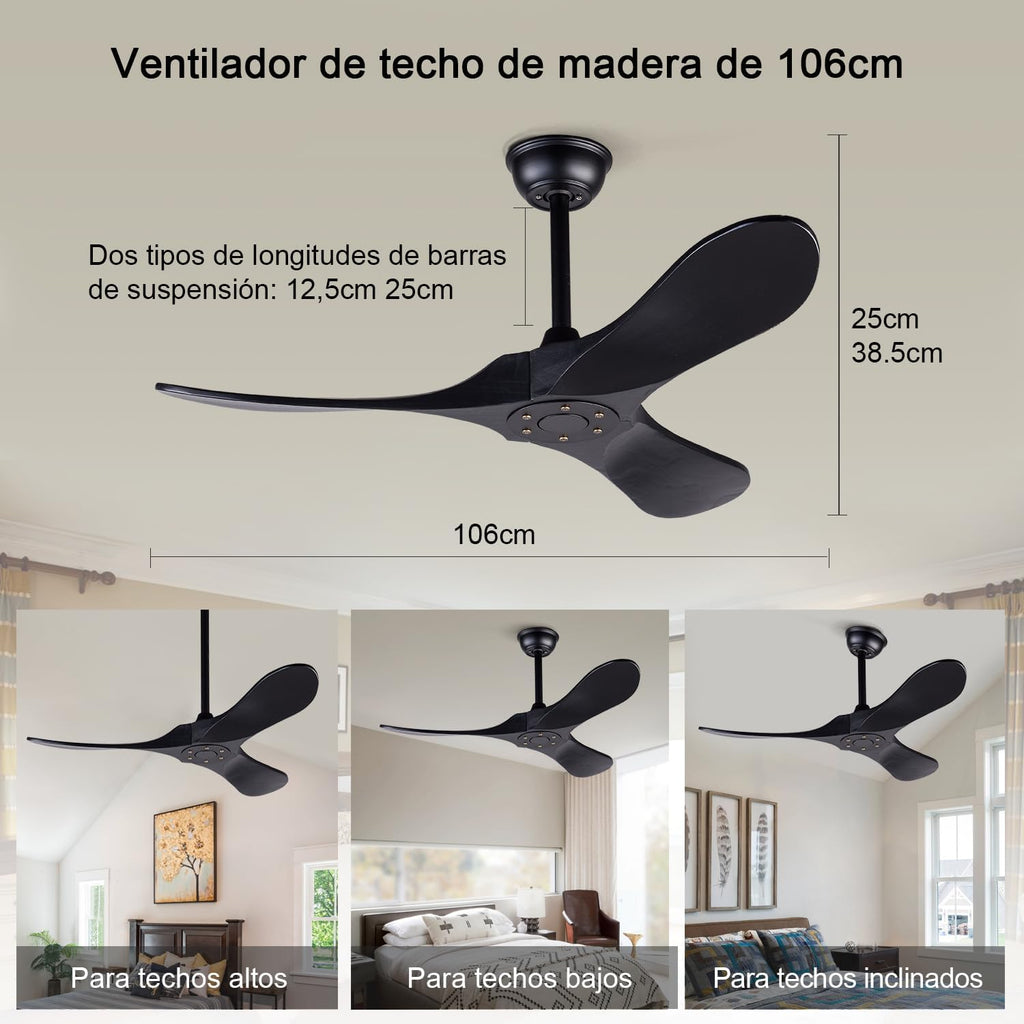 42 Inch Ceiling Fans without Lights, Black Ceiling Fans no Lights with Remote Control, 3 Solid Wood Blades Indoor Outdoor Ceiling Fan for Patios Bedroom Kitchen
