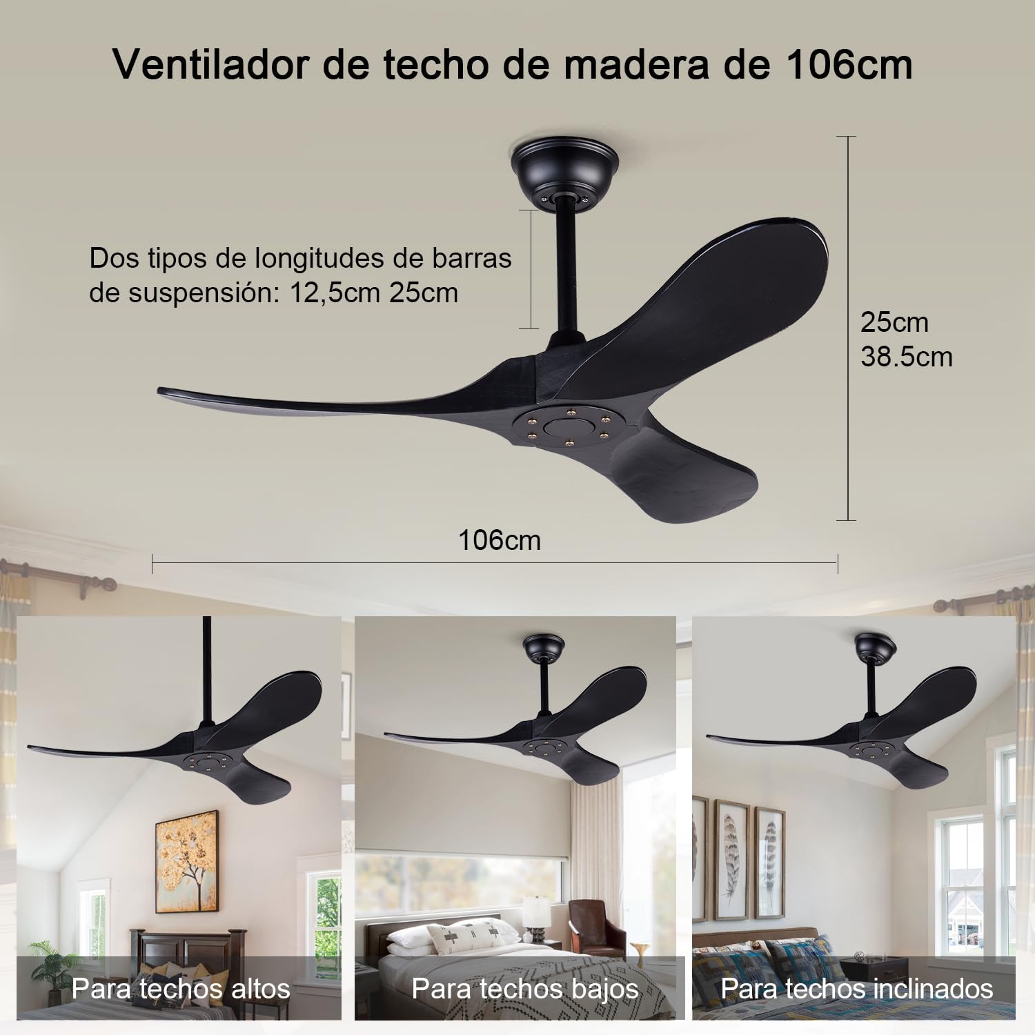 42 Inch Ceiling Fans without Lights, Black Ceiling Fans no Lights with Remote Control, 3 Solid Wood Blades Indoor Outdoor Ceiling Fan for Patios Bedroom Kitchen
