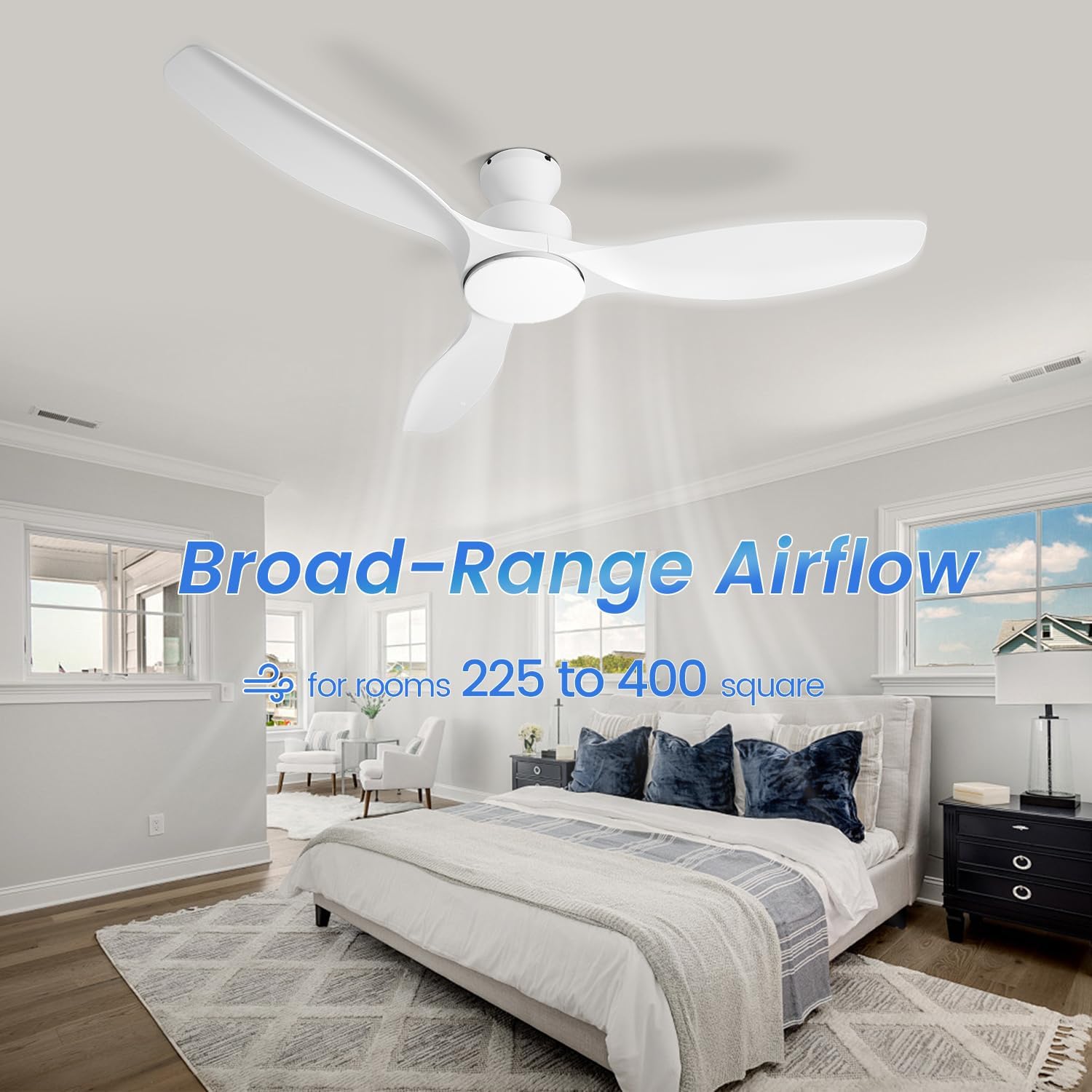 52' White Ceiling Fan with Light and Remote, Flush Mount Low Profile Ceiling Fans, Ceiling Fan with Dimmable LED Lights, 6 Speed, Silent Reversible DC Motor,White Fan for Bedroom/Living Room/Patios
