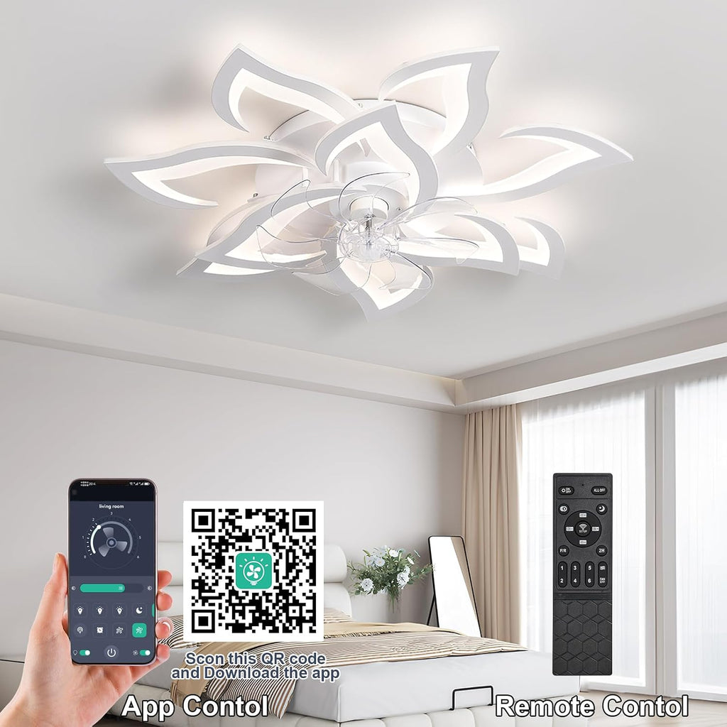 32' White Flower Ceiling Fan with Lights Remote Control, Modern LED Low Profile Flush Mount Ceiling Fan with Light for Kitchen Bedroom Living Room