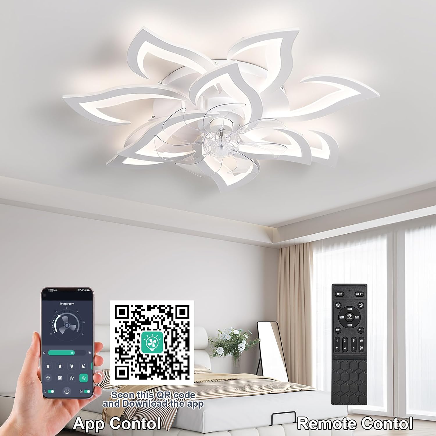 32' White Flower Ceiling Fan with Lights Remote Control, Modern LED Low Profile Flush Mount Ceiling Fan with Light for Kitchen Bedroom Living Room
