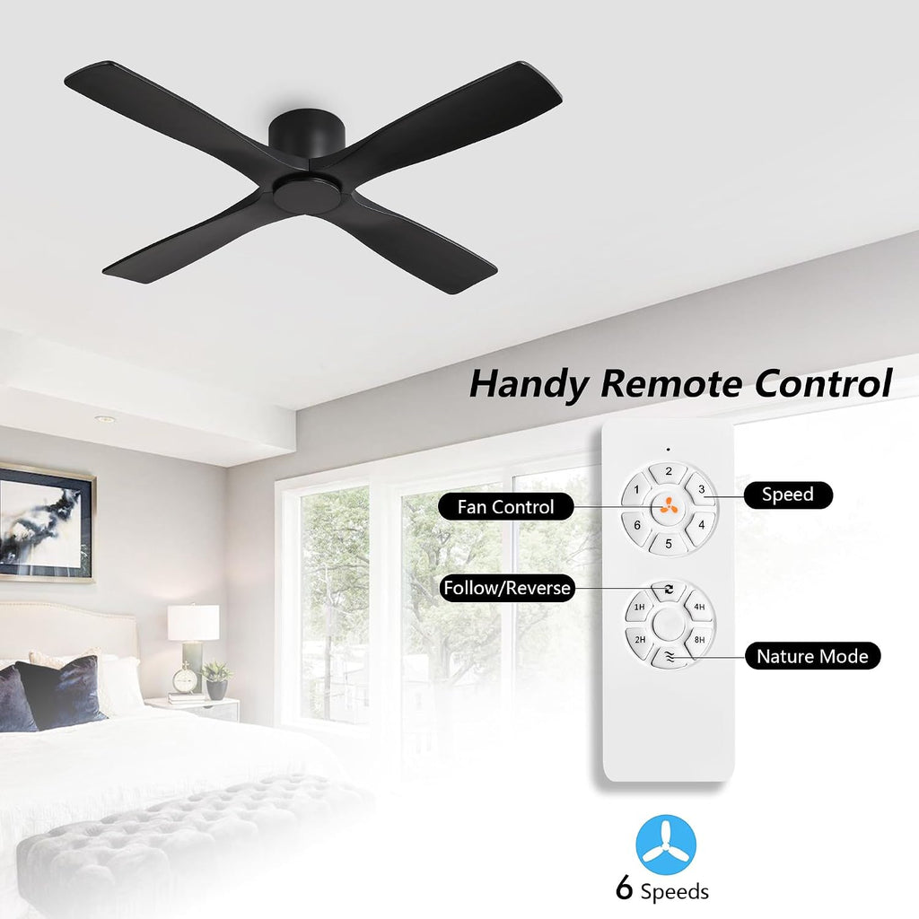 WINGBO 48 Inch Flush Mount DC Ceiling Fans without Lights, 4 Carved Solid Wood Blades, 6-Speed Reversible DC Motor, Low Profile Hugger Ceiling Fan No Lights for Indoor and Outdoor, Matte Black
