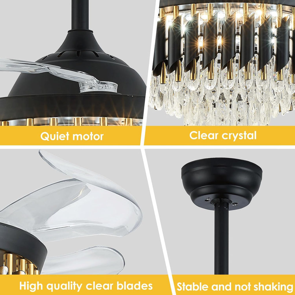 42' Black Ceiling Fan with Lights and Remote, Dimmable LED Fan Light, 4-Blade Modern Fandelier, Quiet Reversible Motor, 6 Speeds Timer, PC Blades for Bedroom Living Room Kitchen Dining Room