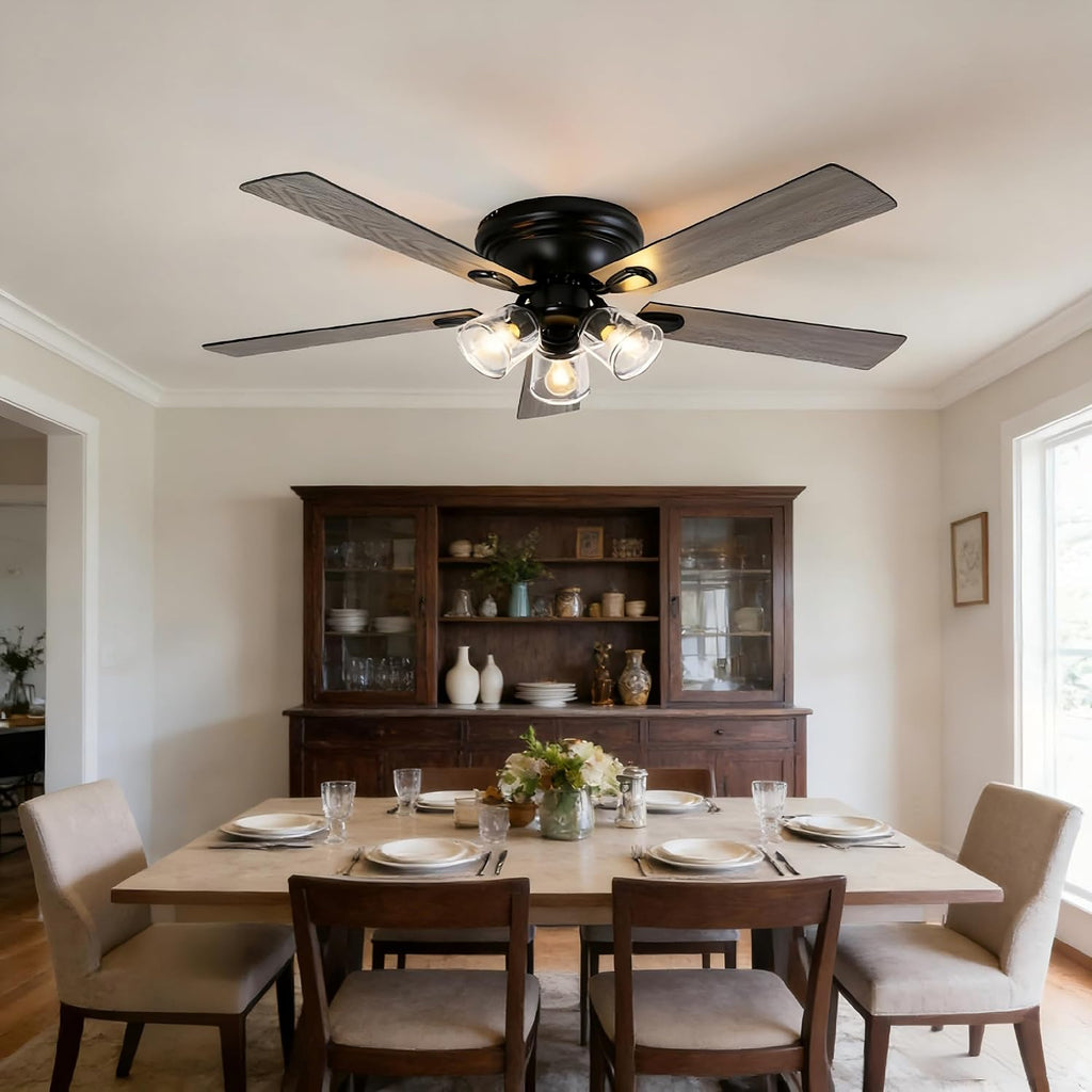 52 Inch Vintage Ceiling Fan with Lights and Remote, Flush Mount Farmhouse Ceiling Fan Rustic Fandelier 3-Lights Chandelier for Bedroom Living Room Dining Room, 5 Reversible Blades 6 Speeds