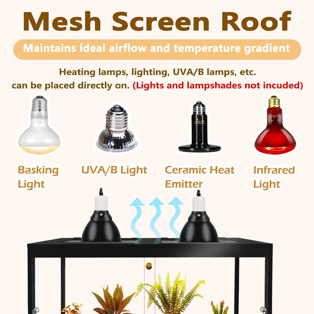 PROLEE Bearded Dragon Tank, Reptile Tank with Meatl Mesh Roof and Front Sliding Door, Lizard Tank,Spacious Reptile Enclosure for Snakes,Lguanas, Chameleons (Black, 30 Gallons)