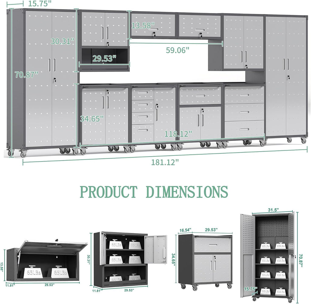 10-Piece Heavy Duty Steel Garage Cabinet System | All-in-One Modular Garage Cabinet Set for Ultimate Workshop Organization | Easy Assembly Garage Storage Cabinets & Tool Bench