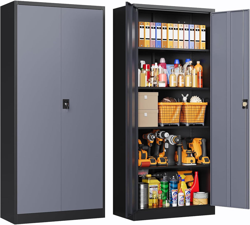 72 Inch Metal Cabinet,Locking Storage Cabinet with 2 Doors and 4 Adjustbale Shelves,Steel Tool Cabinet for Garage,Basement,Home Office,Gym(Grey& Black)