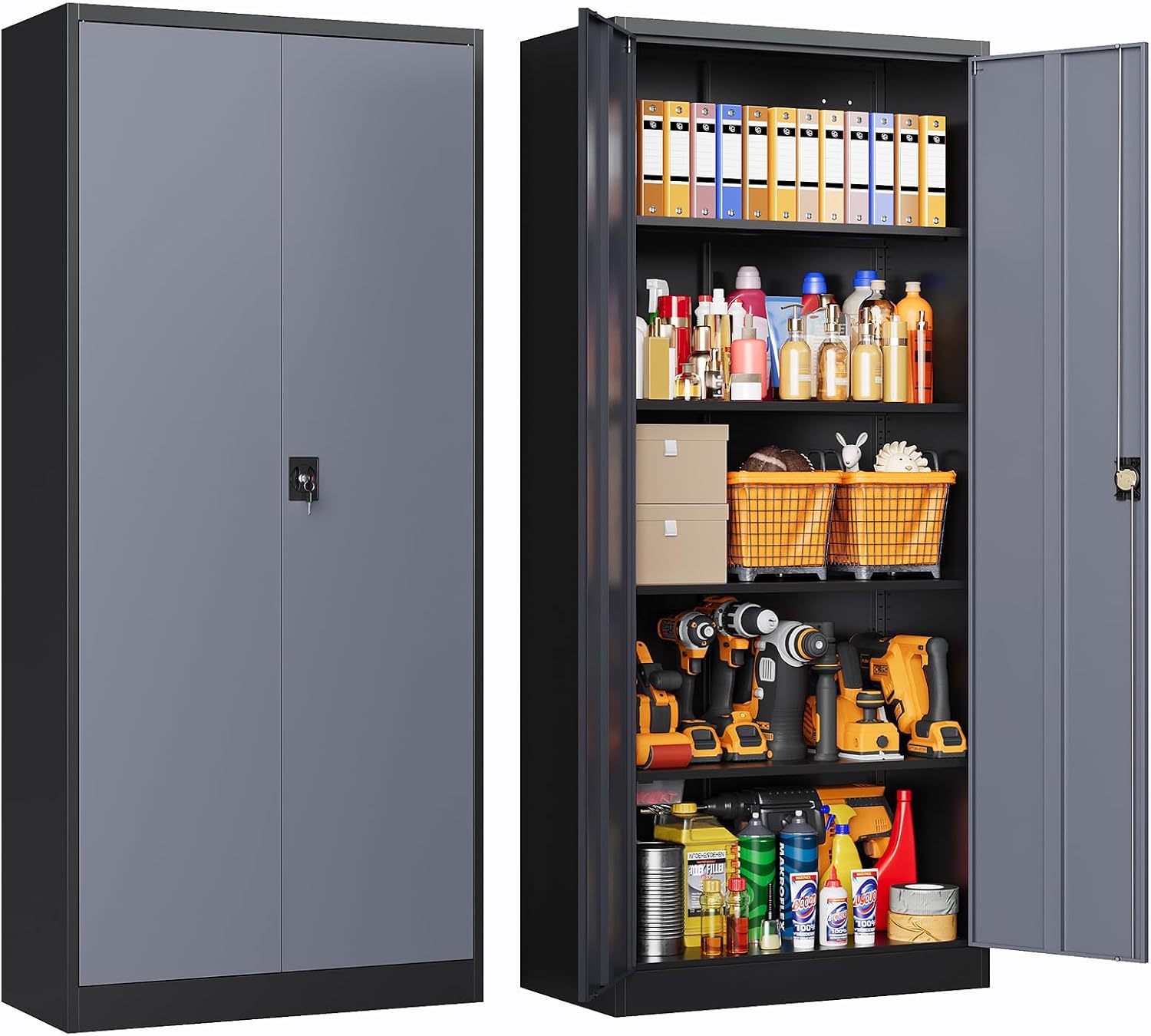 72 Inch Metal Cabinet,Locking Storage Cabinet with 2 Doors and 4 Adjustbale Shelves,Steel Tool Cabinet for Garage,Basement,Home Office,Gym(Grey& Black)