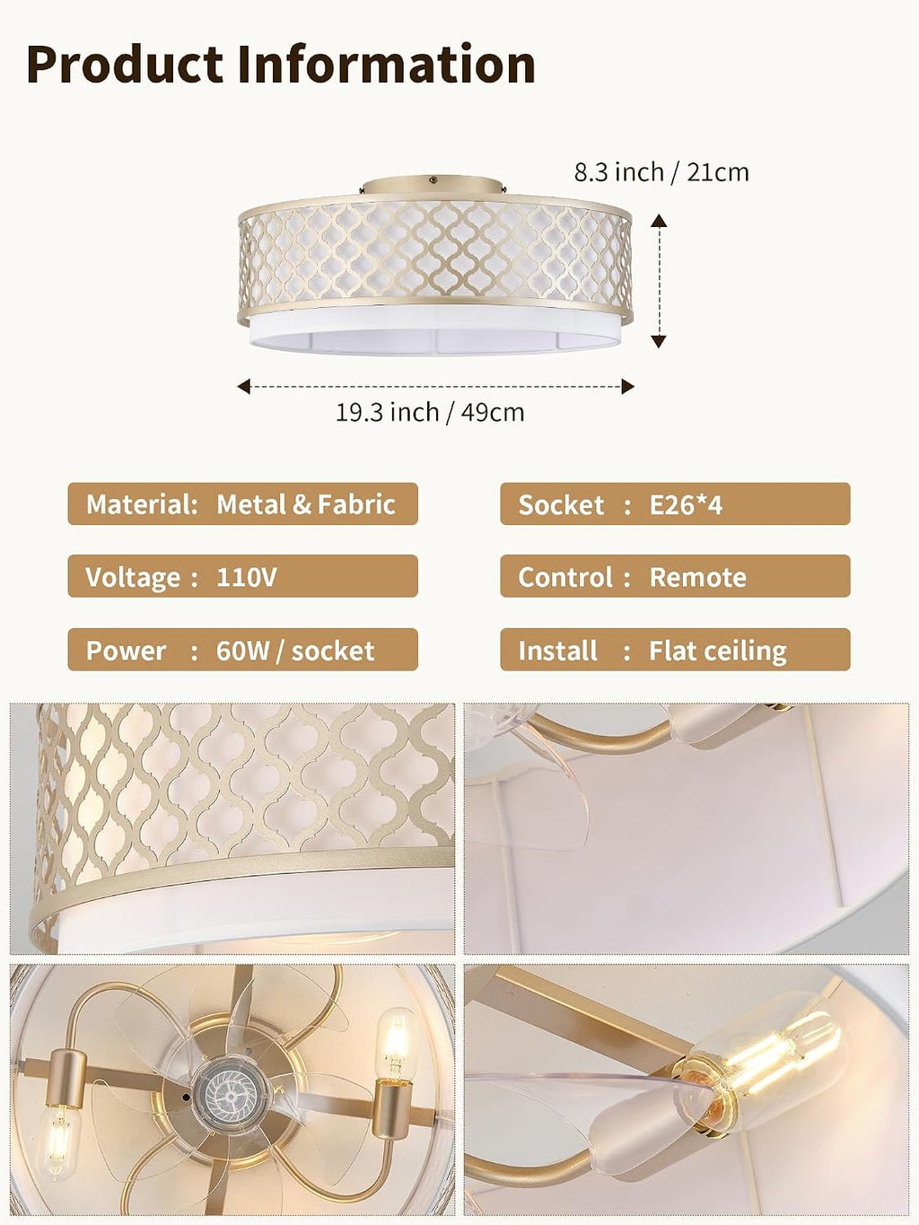 20' Gold Flush Mount Ceiling Fan with Light, Boho Ceiling Fans with Lights, Enclosed with Remote Control 6 Speeds for Living Room, Bedroom, Nursery