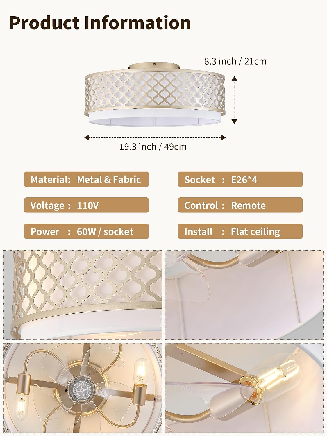 20' Gold Flush Mount Ceiling Fan with Light, Boho Ceiling Fans with Lights, Enclosed with Remote Control 6 Speeds for Living Room, Bedroom, Nursery