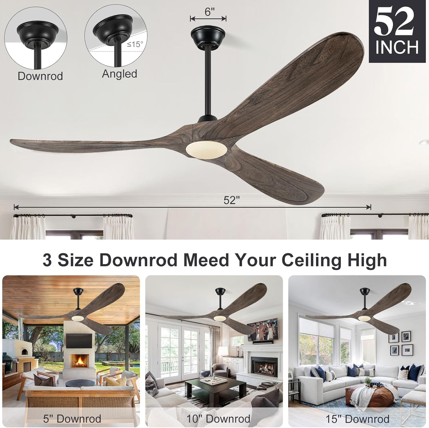 Eliora 52 Inch Ceiling Fans with Lights, Wood Outdoor Ceiling Fan for Patio and Remote Control Rustic Propeller Large Ceiling Fans with Light Farmhouse Indoor Quiet High cfm, Deep Brown