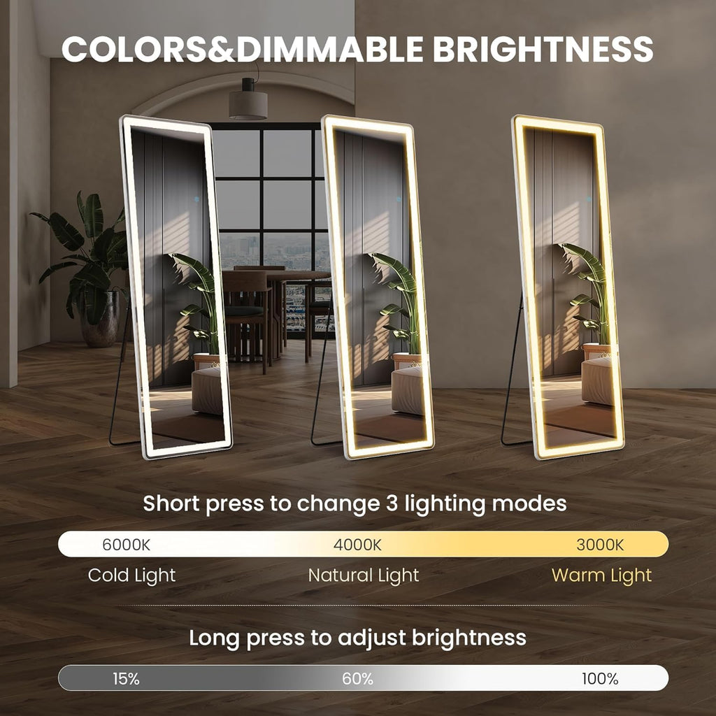 Elevon Full Length Mirror with LED Lights, 60'x16' Floor Mirror with Dimming & 3 Color Lighting, Led Mirrors Full Length with Stand for Bedroom, Dressing Room, Rectangle