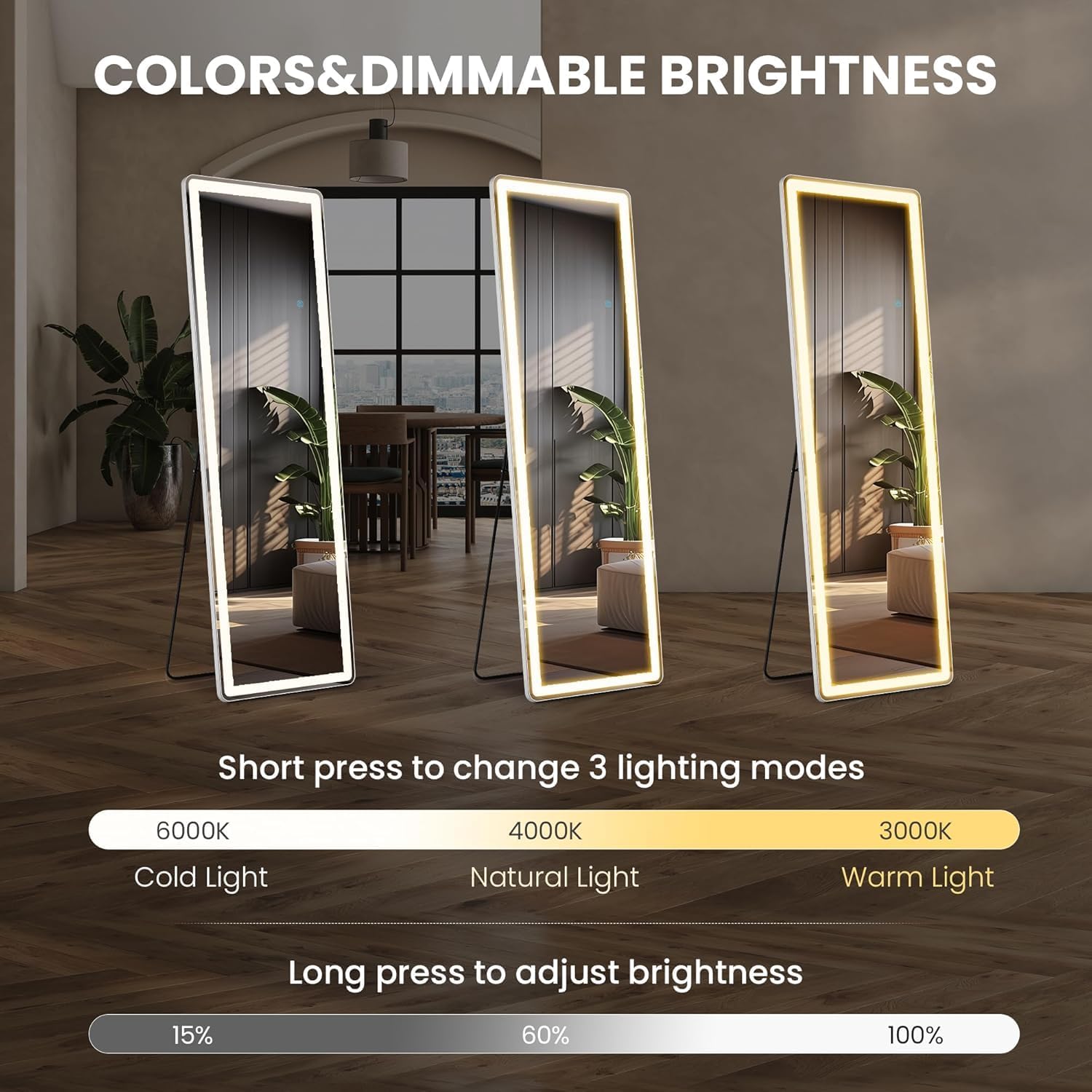 Elevon Full Length Mirror with LED Lights, 60'x16' Floor Mirror with Dimming & 3 Color Lighting, Led Mirrors Full Length with Stand for Bedroom, Dressing Room, Rectangle