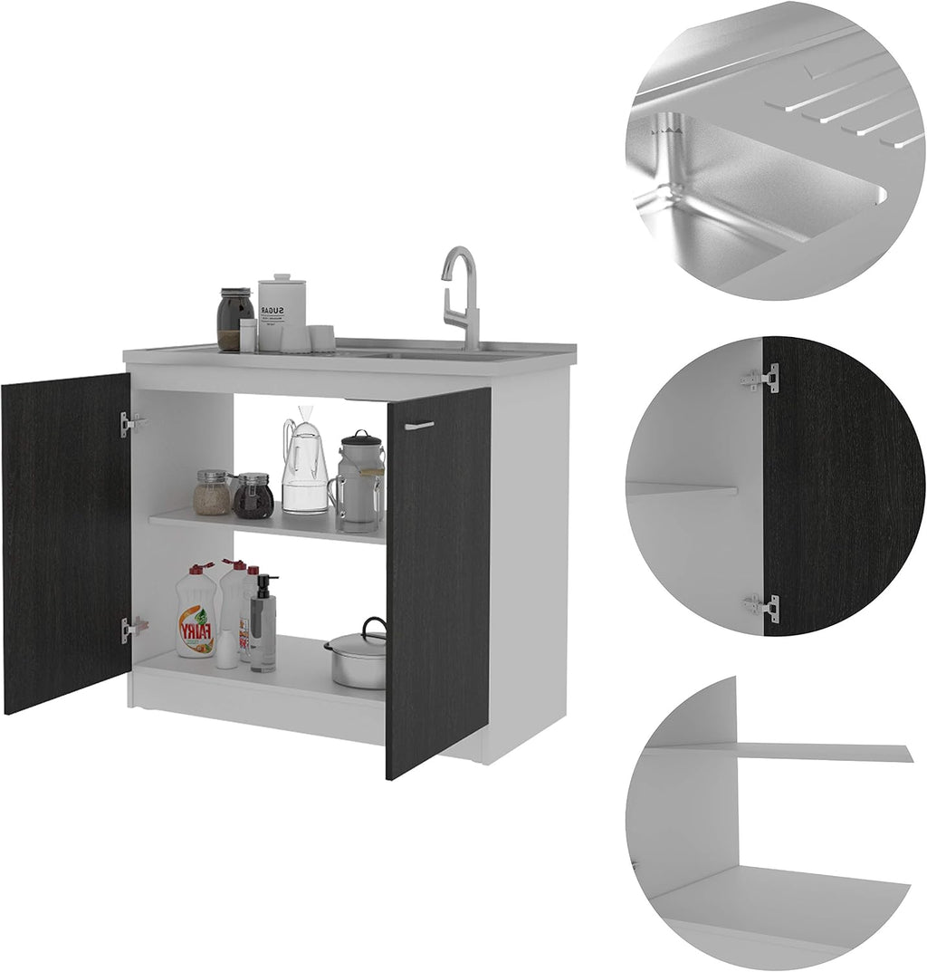 DEPOT E-SHOP Salento Freestanding Sink with Double Door Cabinet and Two Shelves, 35.4' H, White/Black, Kitchen