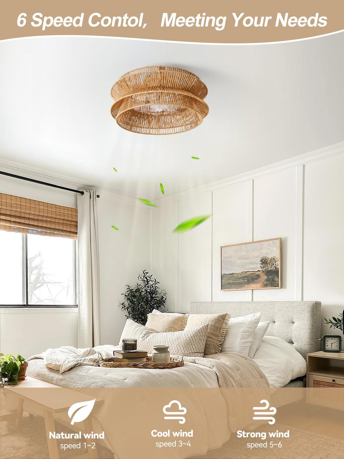 Boho Ceiling Fan with Light, 20'' Coastal Caged Ceiling Fans with Lights and Remote Control, Rattan Flush Mount Fandelier with Reversible 6 Speeds, Low Profile for Bedroom Living Room Dining Room