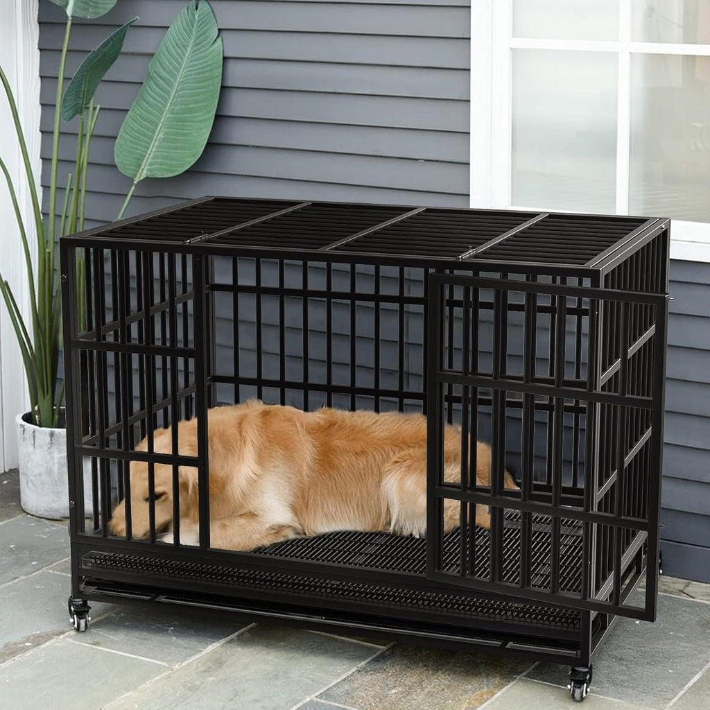 LEMBERI 38 Inch Heavy Duty Indestructible Dog Crate, High Capacity Escape Proof Double Door Kennel with Lockable Wheels, Small Metal Dog Cage with Reinforced Steel Tubes, Removable Tray, Black