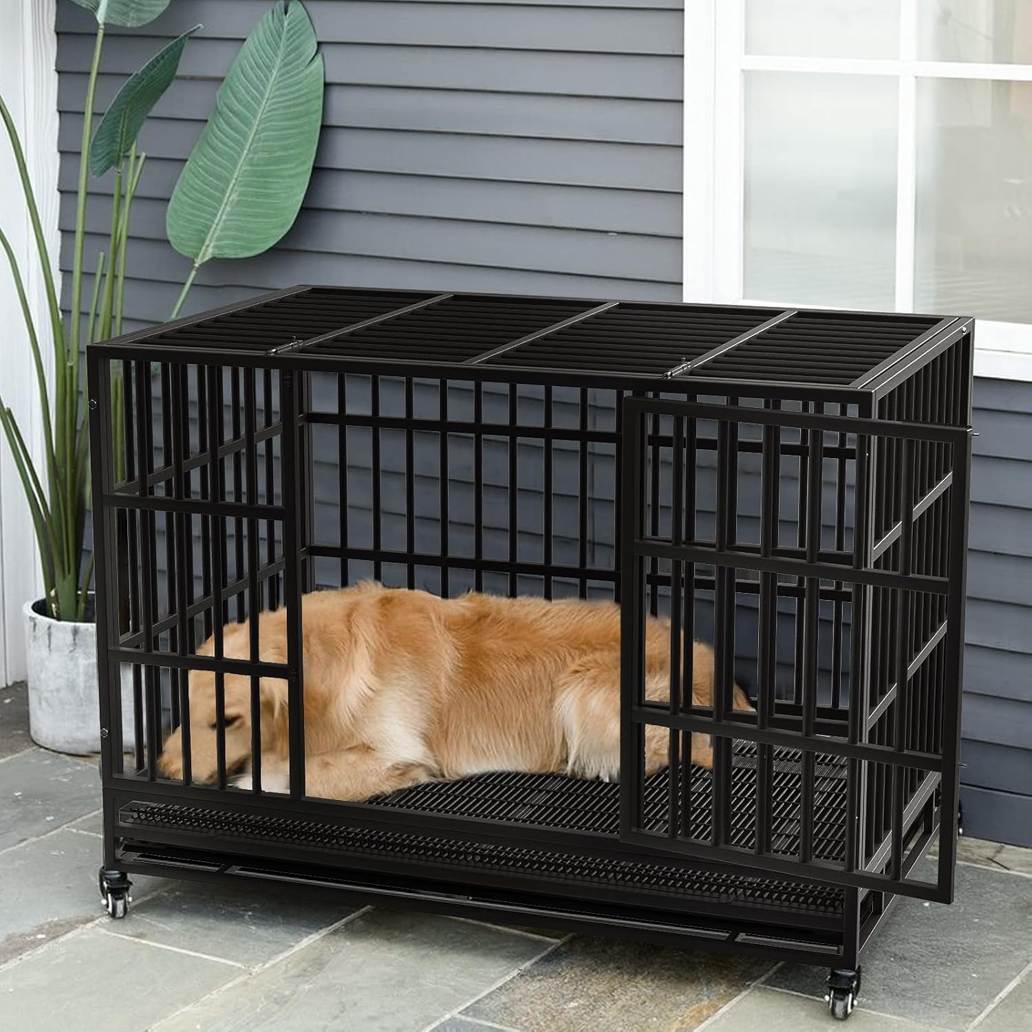LEMBERI 38 Inch Heavy Duty Indestructible Dog Crate, High Capacity Escape Proof Double Door Kennel with Lockable Wheels, Small Metal Dog Cage with Reinforced Steel Tubes, Removable Tray, Black