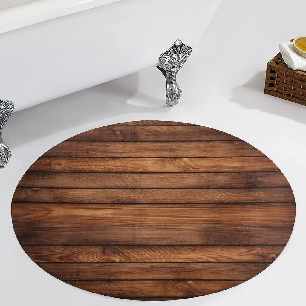 Brown Wooden Coral Velvet Round Floor Mat Non-Slip Bath Rug Floor Covering for Bathroom Vanity Guest Suite & Vacation Home