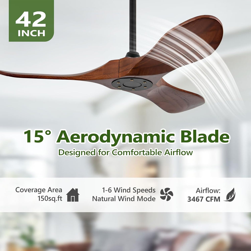 42 Inch Small Wooden Ceiling Fan Without Lights, 3 Blade Propeller, Remote Control, Walnut Finish, Indoor/Outdoor, Living Room, Bedroom, Porch, Farmhouse