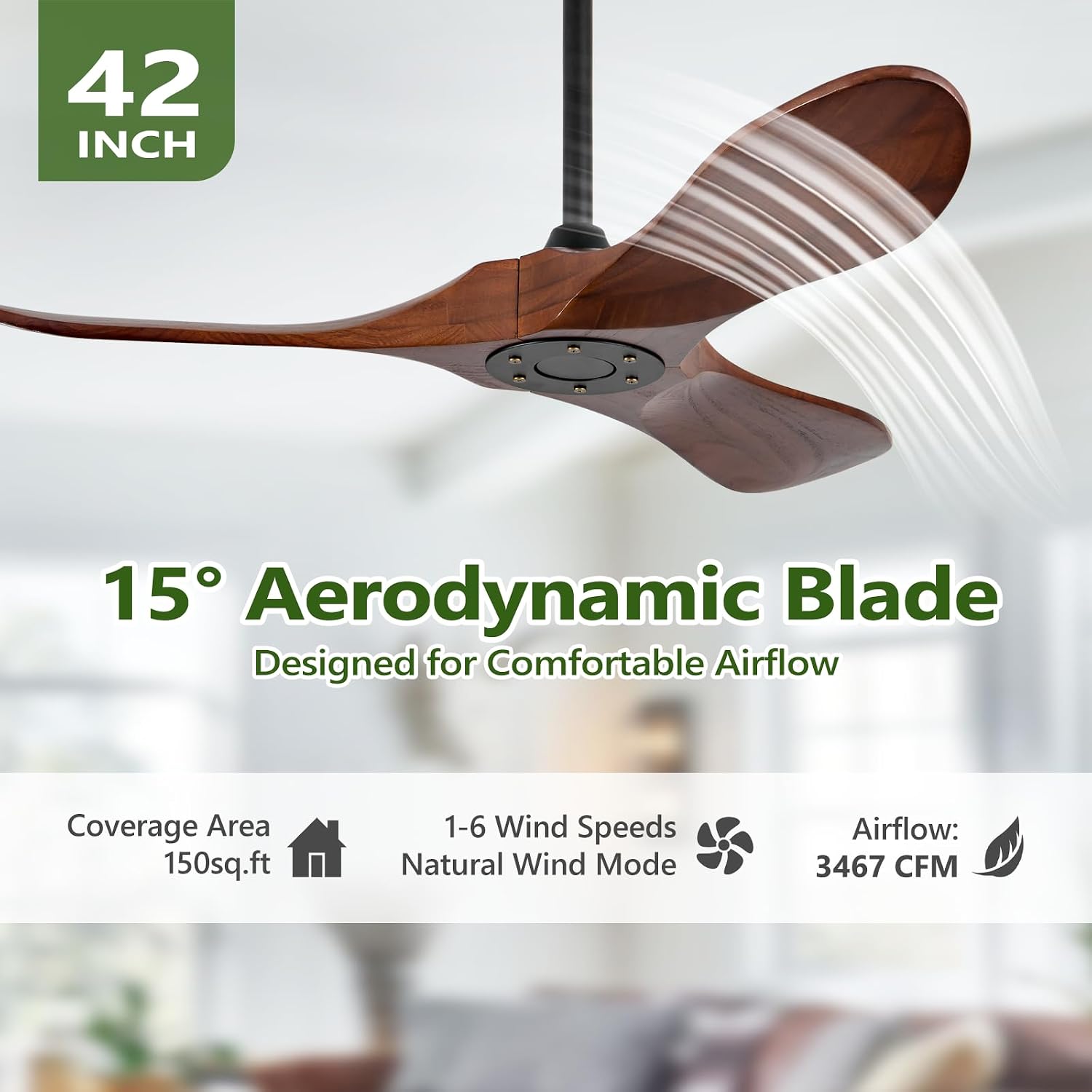 42 Inch Small Wooden Ceiling Fan Without Lights, 3 Blade Propeller, Remote Control, Walnut Finish, Indoor/Outdoor, Living Room, Bedroom, Porch, Farmhouse