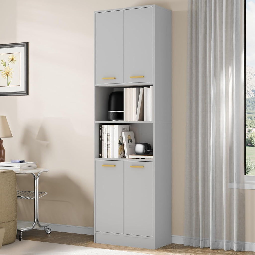 Cozy Castle Kitchen Pantry Cabinet, 75' Tall Wood Storage Cabinet with Doors and Shelves, 4 Doors Open Countertop Utility Hutch Cupboard for Dining Room Living Room Bathroom Furniture, Gray