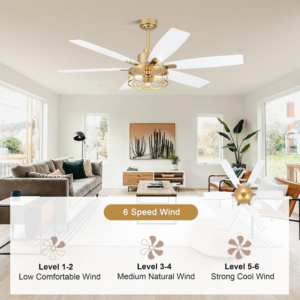 White and Gold Ceiling Fan with Lights 60 Inch Fandelier Ceiling Fan Gold Caged Chandelier Modern Fandeliers with Lights and Remote for Living Room Indoor Outdoor, Reversible 6 Speeds