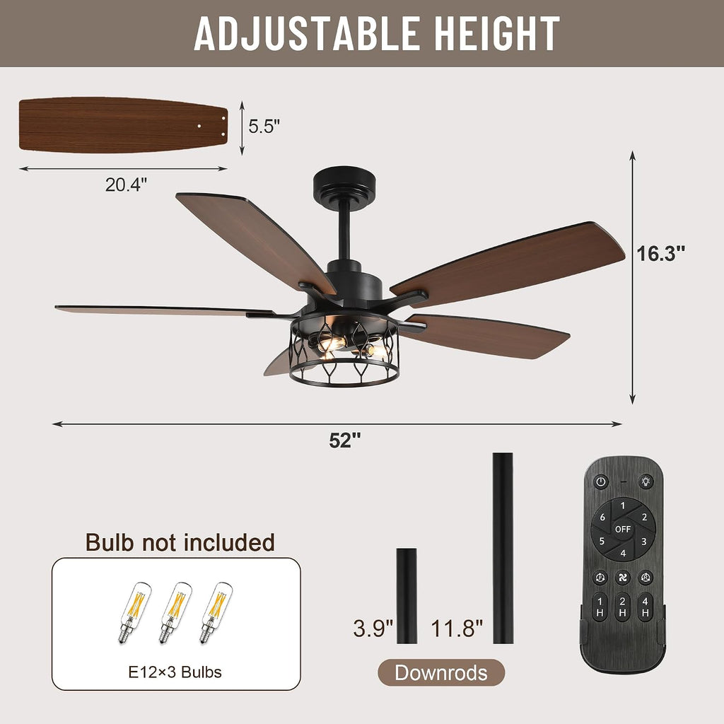 52'' Caged Ceiling Fans with Lights and Remote Control,Reversible DC Motor,5 Double Colour Blades,Rustic Farmhouse Ceiling Fan for Living Room,Dining Room,Bedroom