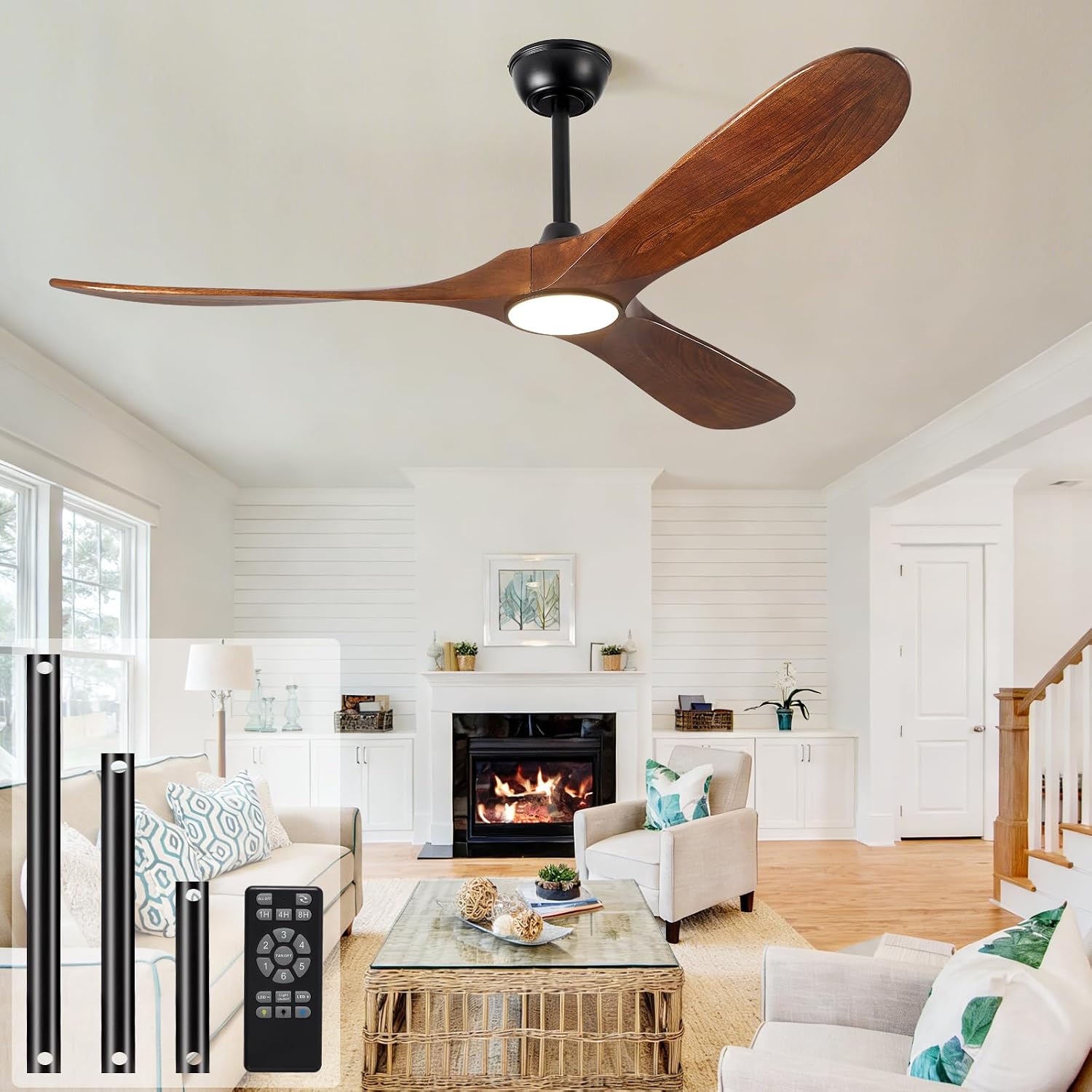 52' Ceiling Fan with Light and Remote, 6-Speed Dimmable Outdoor Ceiling Fan, High CFM Quiet 3 Blade Wood Ceiling Fan, Puoyro Modern Propeller Ceiling Fan for Outdoor Indoor Living Patio Porch (Walnut)