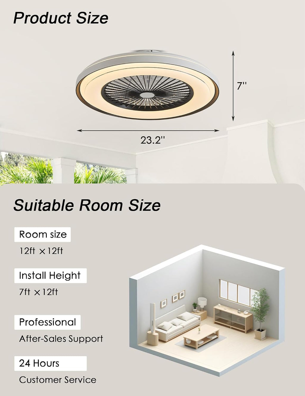 Dawn Whisper 24' Low Profile Ceiling Fans with Lights Quiet DC Motor 6 Speeds Timer Flush Mount Enlosed LED Modern Smart RGB Ceiling Fans with Alexa/Tuya APP Remote Control for Kids Bedroom Black