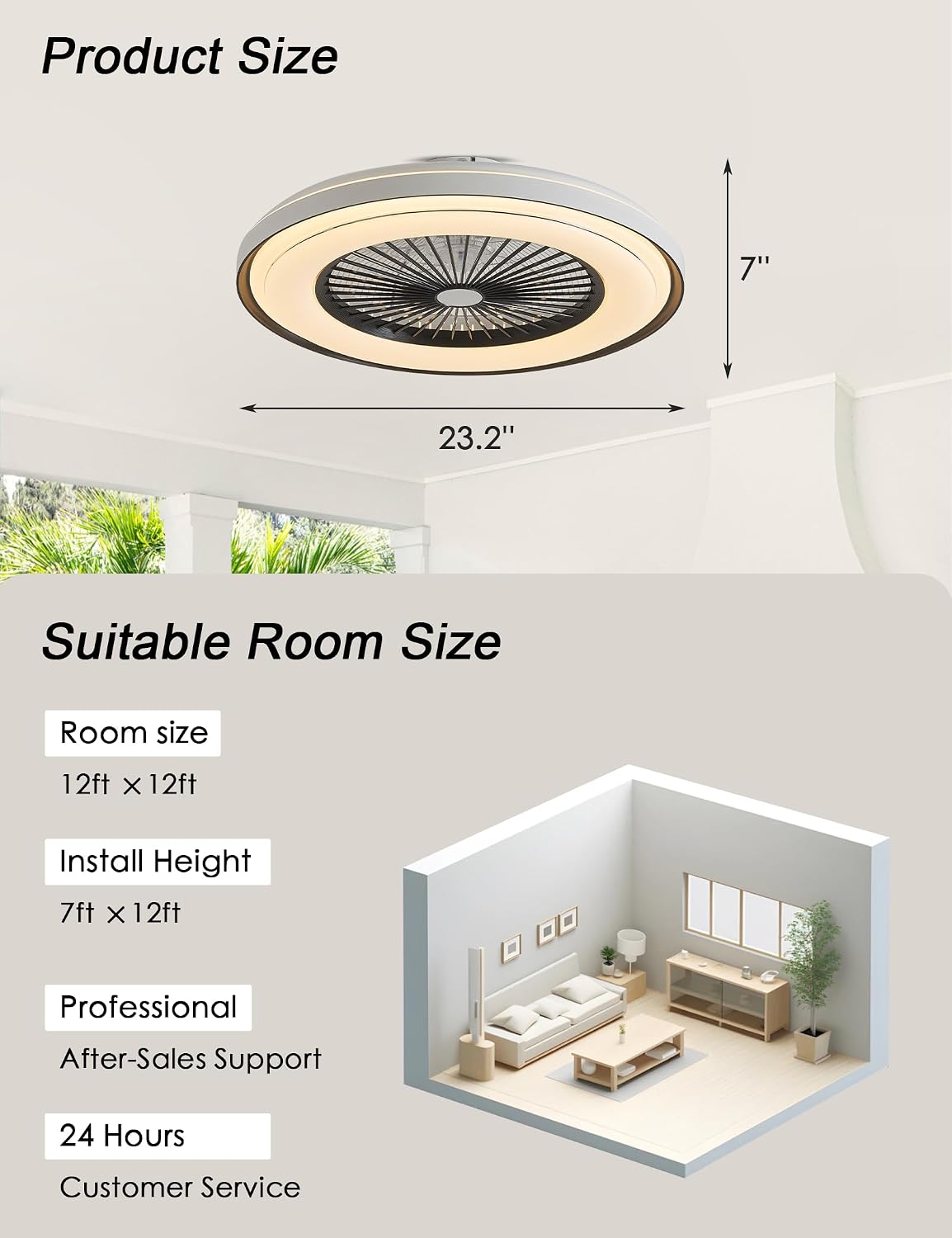 Dawn Whisper 24' Low Profile Ceiling Fans with Lights Quiet DC Motor 6 Speeds Timer Flush Mount Enlosed LED Modern Smart RGB Ceiling Fans with Alexa/Tuya APP Remote Control for Kids Bedroom Black