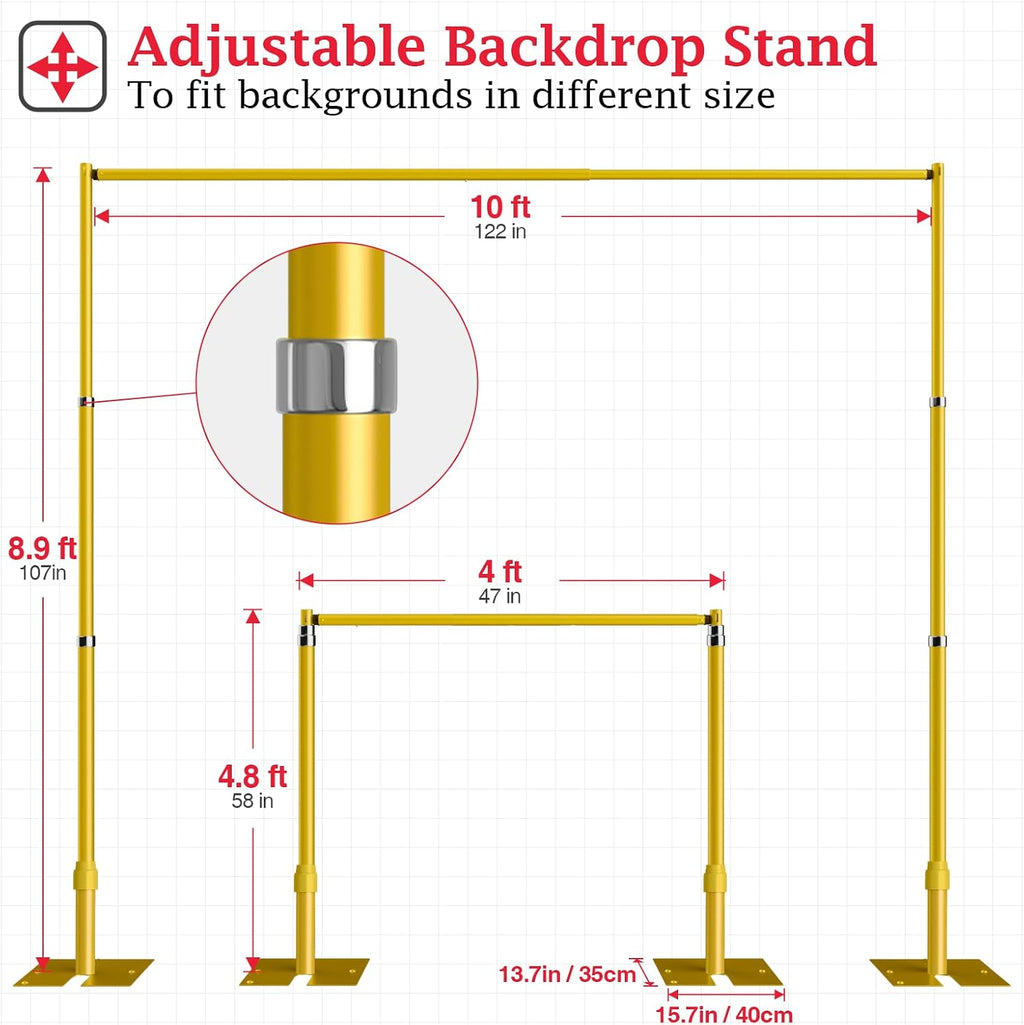 EMART Pipe and Drape Backdrop Stand Kit, 8.9ftx10ft Heavy Duty Adjustable Photo Background, Metal Frame with Flat Base for Wedding, Birthday Party, Banquet Decorations - Gold