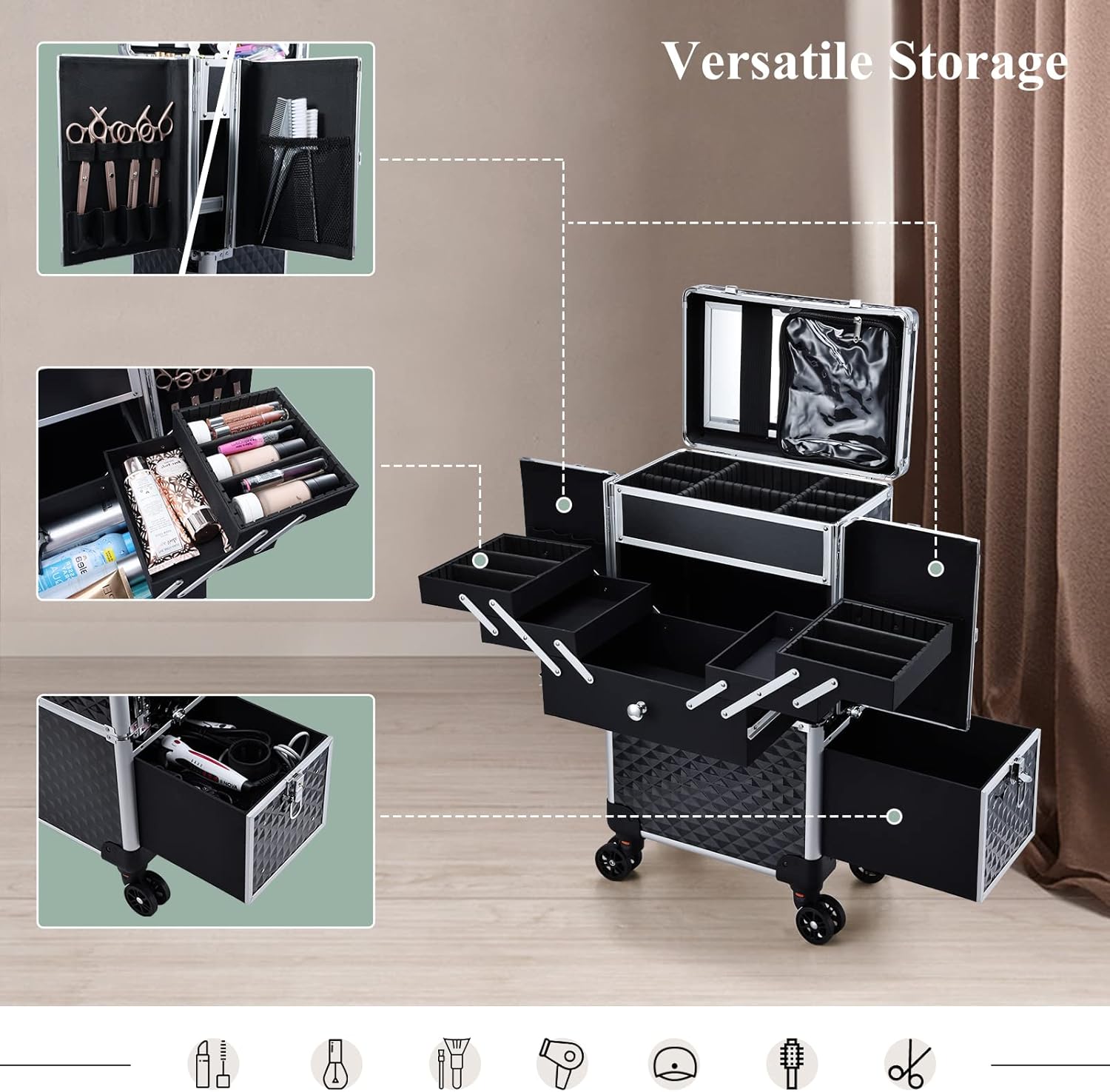 Professional Makeup Train Case Extendable Cosmetology Case on wheels | Rolling makeup station with a drawer and trays, ideal for makeup artists or dance competitions. Super organized.