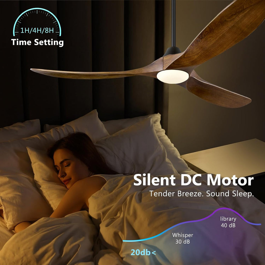 ABZ 52 Inch Ceiling Fans with Lights and Remote Control, Outdoor Ceiling Fan with Light 3 Blades Propeller Solid Wood Ceiling Fan for Indoor Bedroom Living Room, Walnut Wood