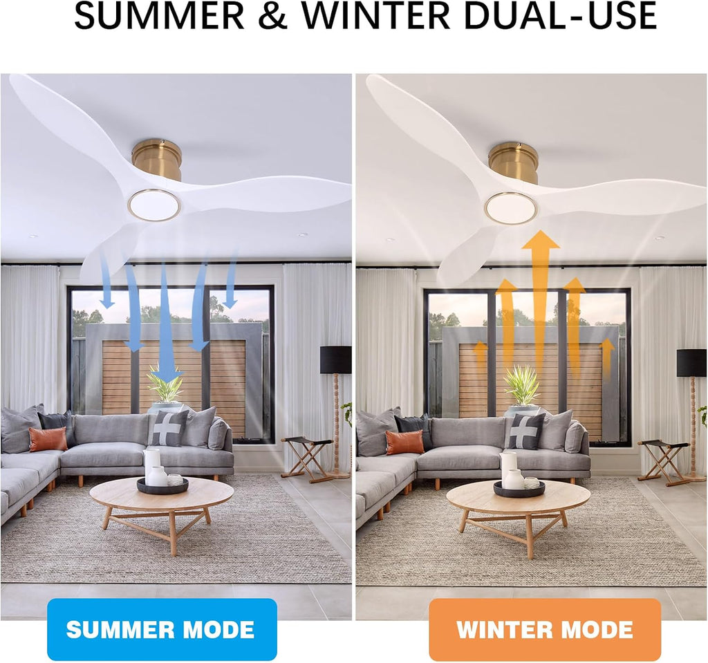 52 Inch Ceiling Fan with Lights and Remote, White Gold Low Profile Flush Mount, Modern 3 Blade Ceiling Fans Dimmable LED Light for Farmhouse Indoor Bedroom, Living Room