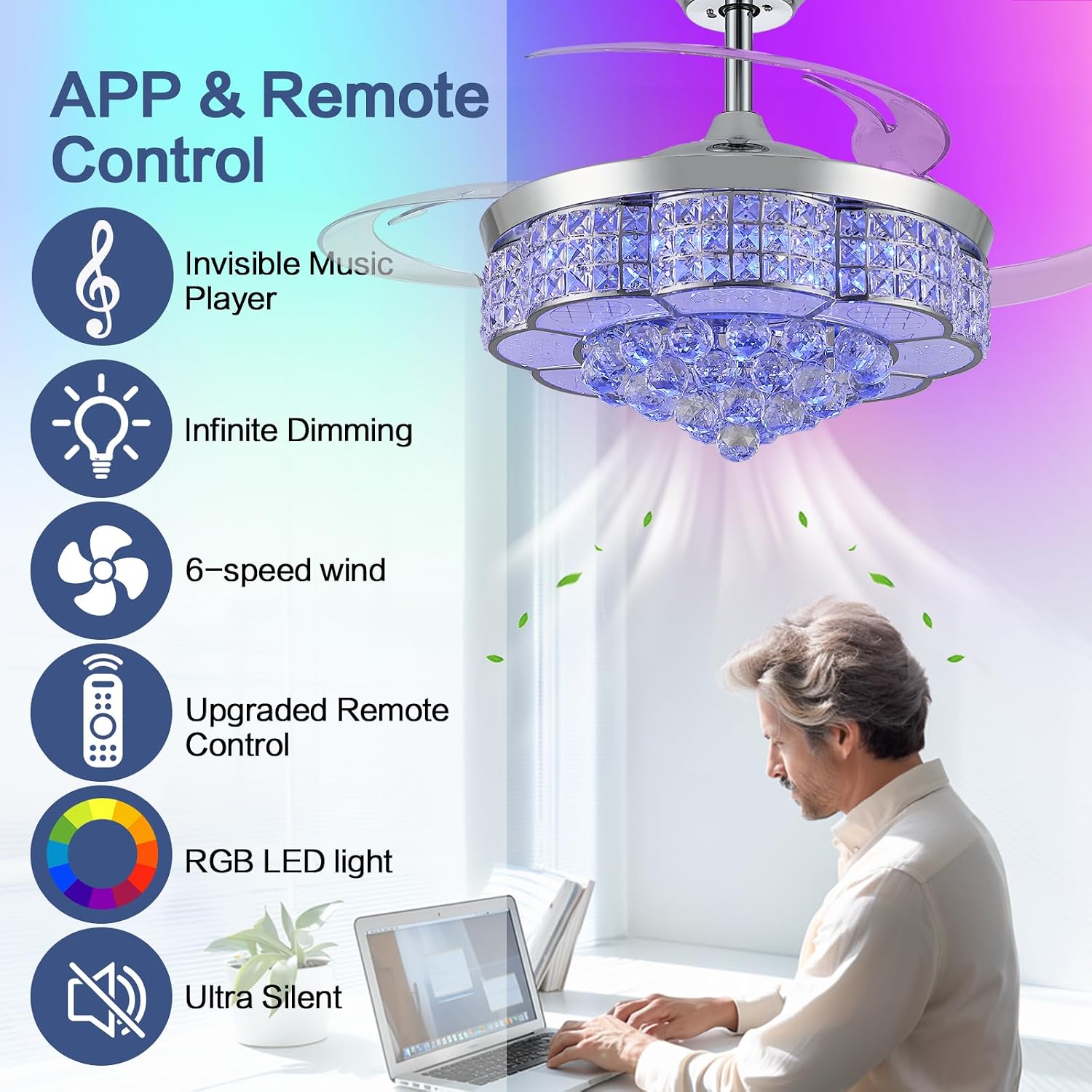 36' RGB Retractable Crystal Ceiling Fan with Light and Speaker Dimmable Bluetooth Chandelier Fan, 6 Speed Timer Fandelier, APP/Remote Control & Speaker for Bedroom,Silver