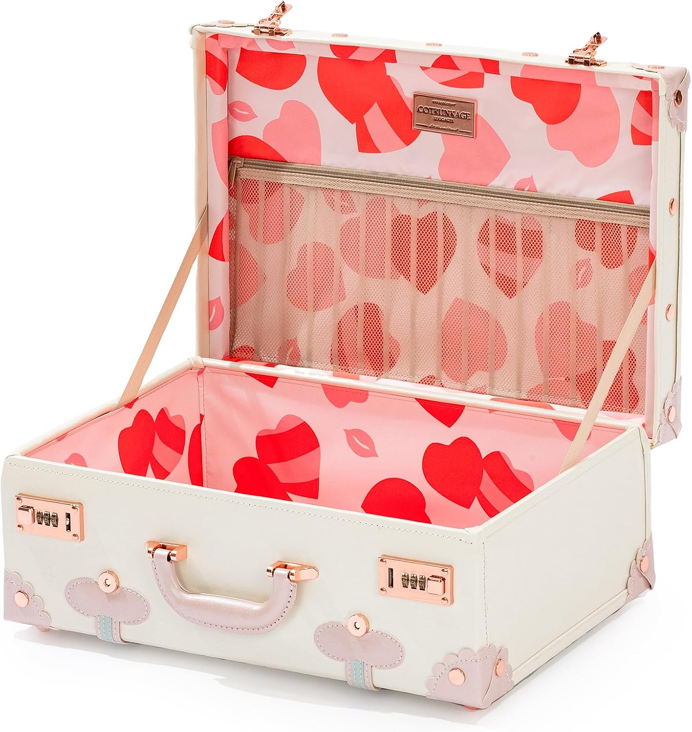 COTRUNKAGE Large 20' Carry On Suitcase Cute Pu Overnight Vintage Trunk Luggage Bag for Women with Combination Locks, Cream White