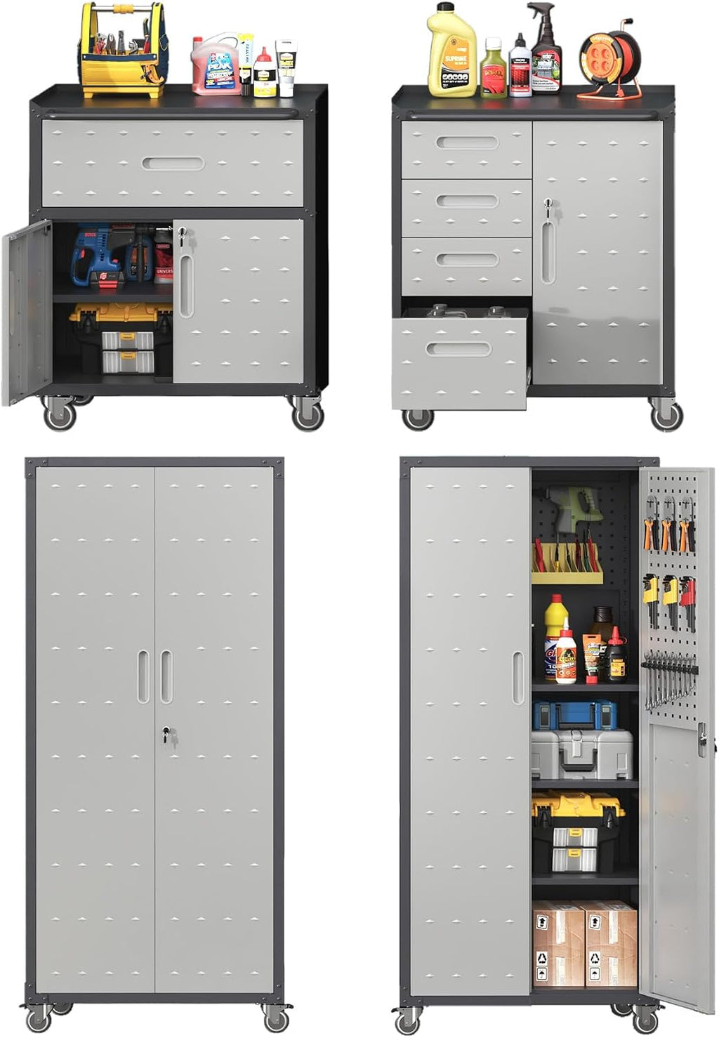 AQY Metal Garage Storage Cabinets System,4 Piece Workshop Tool Cabinets Set Included Lockable Garage Storage Cabinet with Drawers Adjuest Shelves Rolling Chest and Wheels,Assembly Required