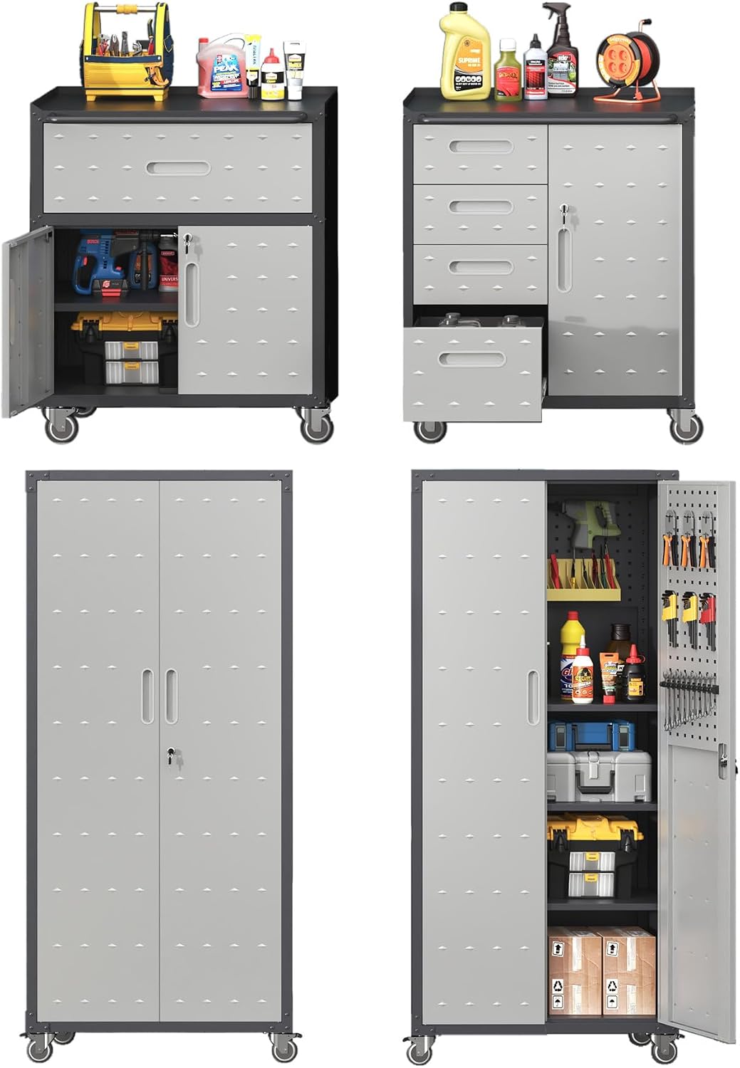 AQY Metal Garage Storage Cabinets System,4 Piece Workshop Tool Cabinets Set Included Lockable Garage Storage Cabinet with Drawers Adjuest Shelves Rolling Chest and Wheels,Assembly Required