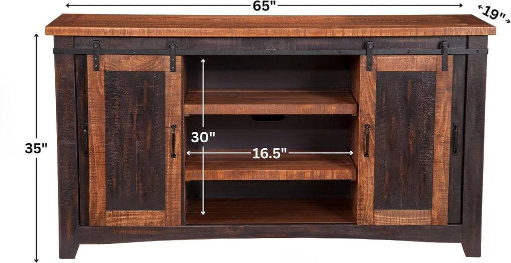 Martin Svensson Home 65' Solid Pine Wood Entertainment Center with Storage. Rustic TV Stand for TVs up to 70.' Sliding Doors, Adjustable Shelves & Cable Management – Black and Honey Finish
