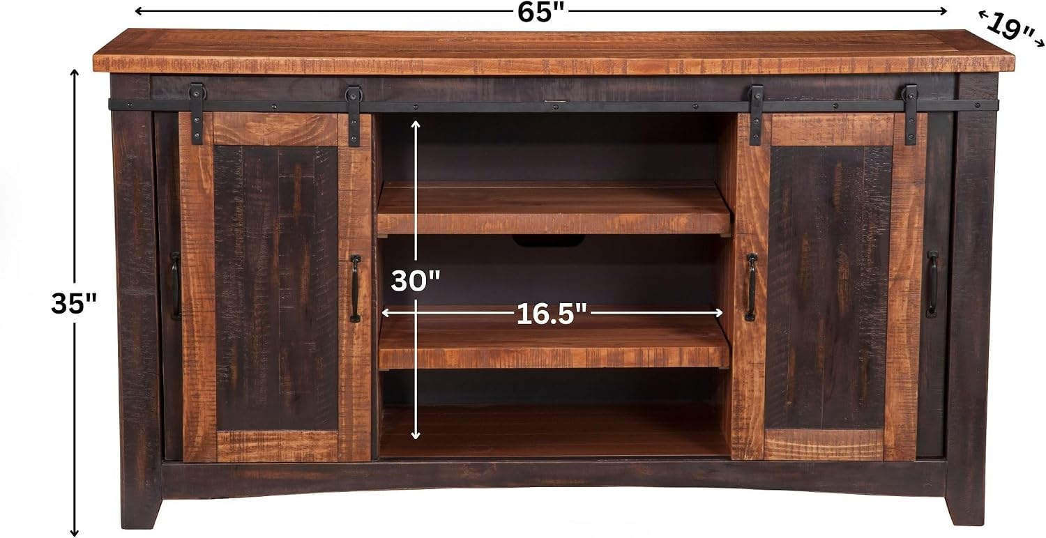Martin Svensson Home 65' Solid Pine Wood Entertainment Center with Storage. Rustic TV Stand for TVs up to 70.' Sliding Doors, Adjustable Shelves & Cable Management – Black and Honey Finish