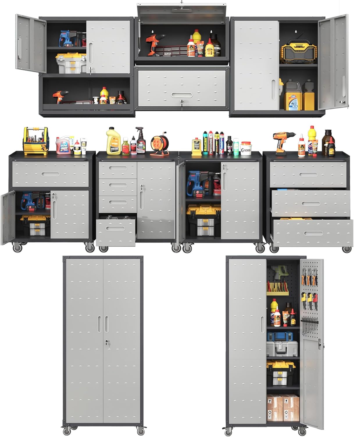 Metal Tool Cabinet,Garage Storage Cabinet System,Wall Cabinet & Locking Rolling Tool Cabinet with Doors and Adjustable Shelves,Steel Tool Cabinets for Home
