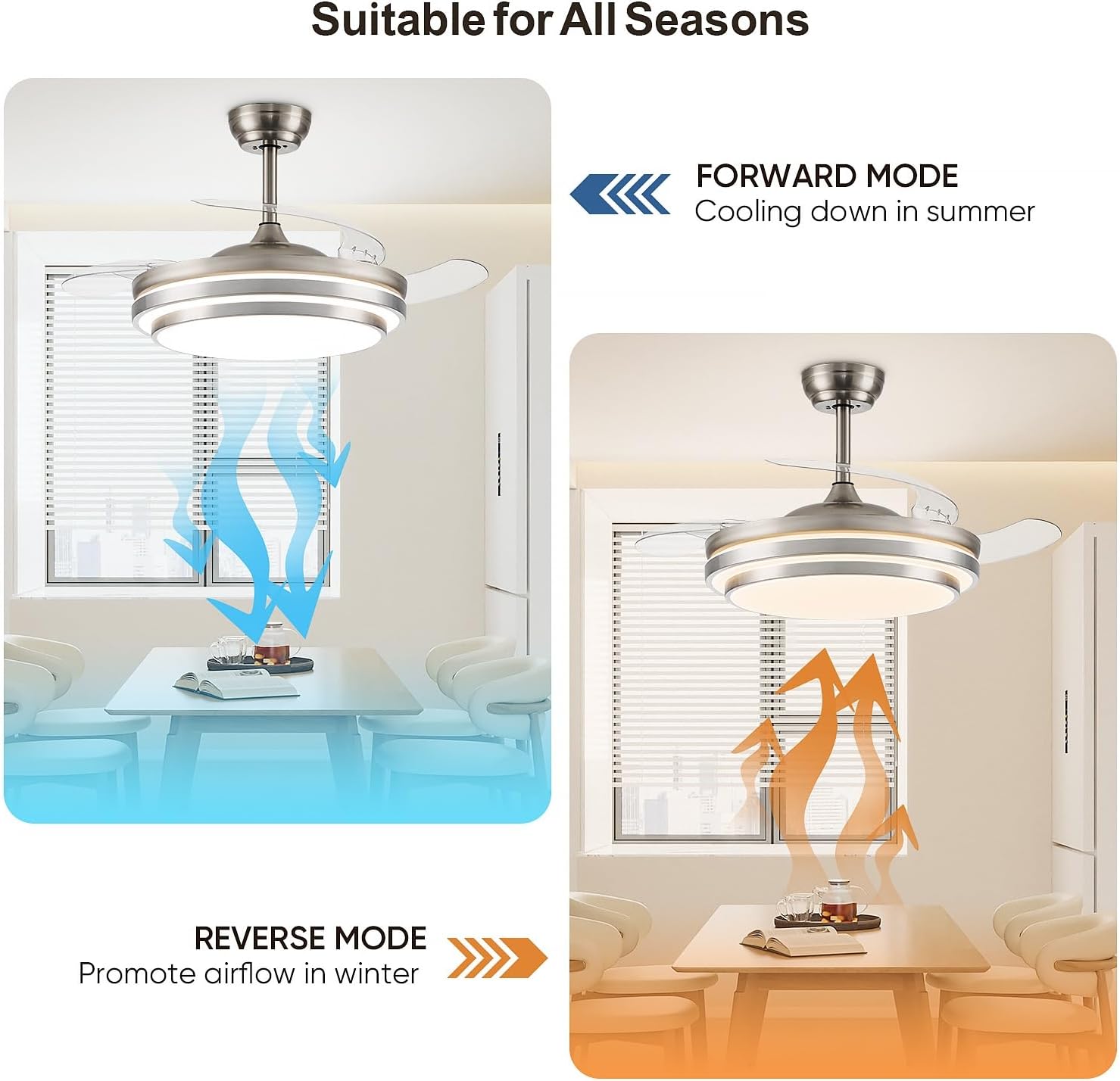 FIDGRA 48 Inch Fandelier Ceiling Fan with Light, Retractable Ceiling Fan with Lights for Bedroom Living Room Dinning Room, Chandelier with Fan 6 Speed, 3 Color Temperature-Brushed Nickel