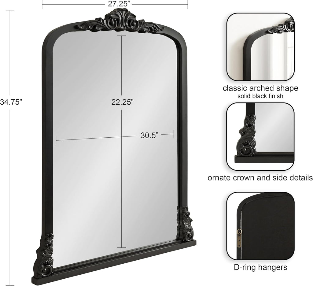 Kate and Laurel Barberry Vintage Decorative Tall Arched Mirror, 28 x 35, Black, Large Antique Statement Arch Mirror for Mantel Mirror or Bathroom Mirror for Over Sink