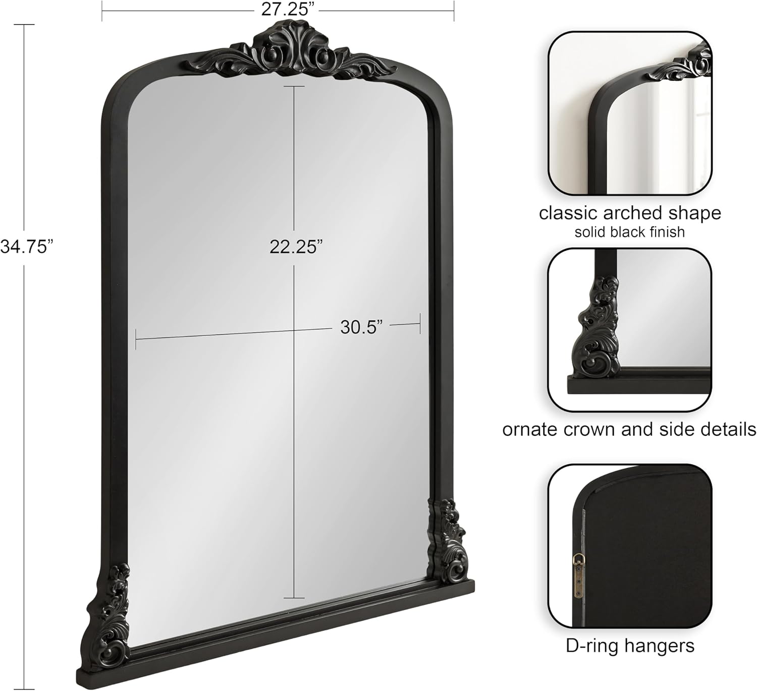 Kate and Laurel Barberry Vintage Decorative Tall Arched Mirror, 28 x 35, Black, Large Antique Statement Arch Mirror for Mantel Mirror or Bathroom Mirror for Over Sink