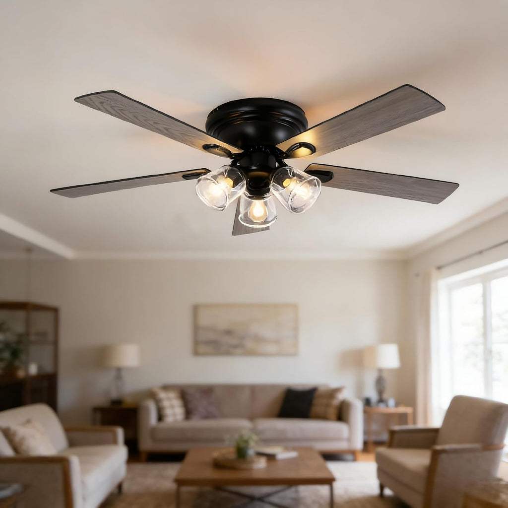 52 Inch Vintage Ceiling Fan with Lights and Remote, Flush Mount Farmhouse Ceiling Fan Rustic Fandelier 3-Lights Chandelier for Bedroom Living Room Dining Room, 5 Reversible Blades 6 Speeds
