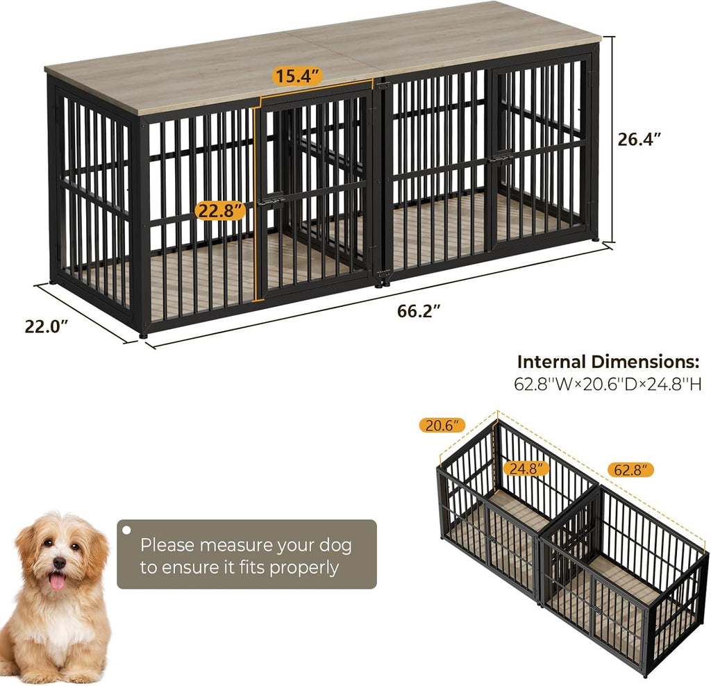 Lyromix 66'' Dog Crate Furniture with Double Rooms,Wooden Crate TV Stand with Removable Divider, Heavy Duty Indoor Puppy Cage Kennel for Small to Medium Dogs, Can Use Separately, Grey