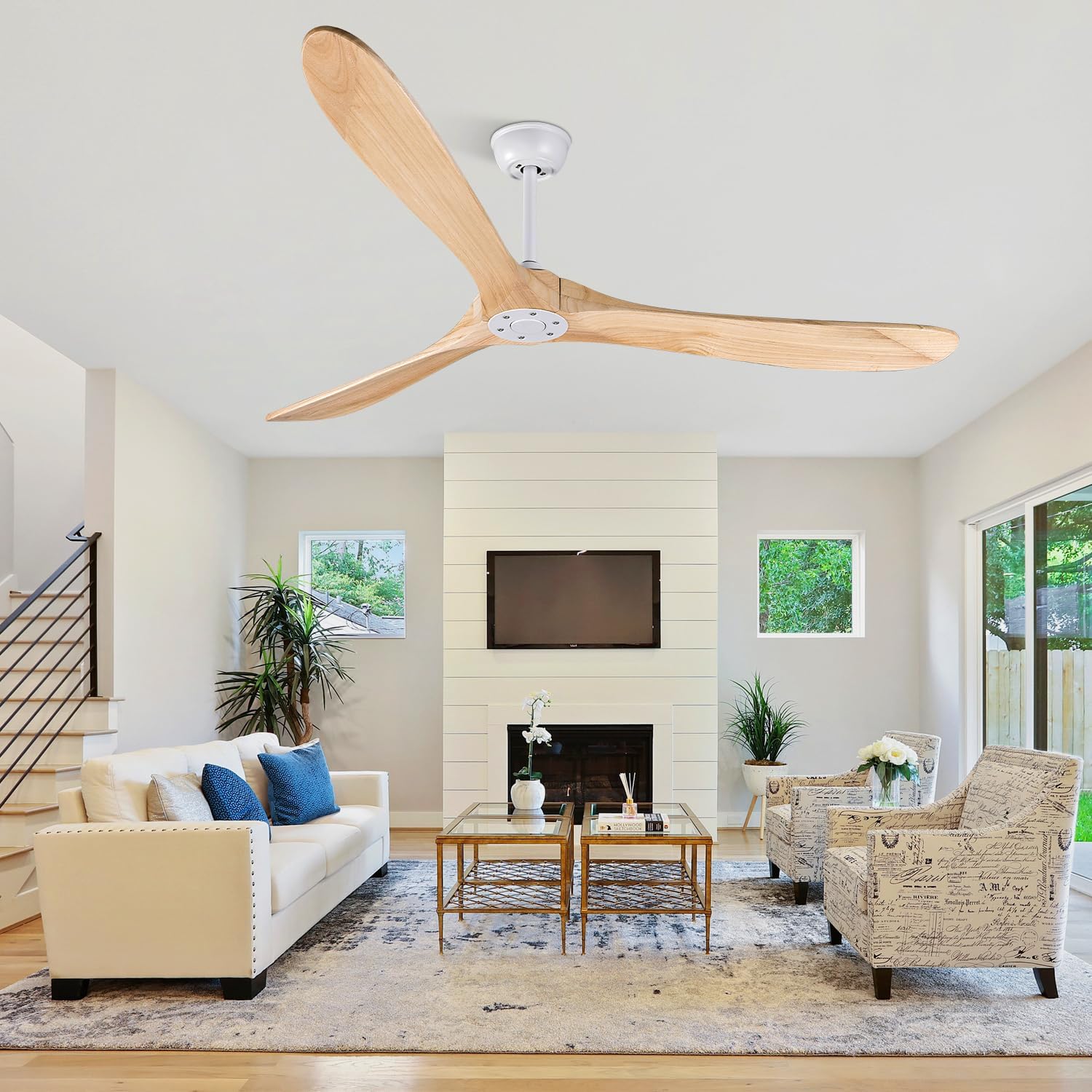 Bigzone 70' Living Room Ceiling Fan With Remote Control, Energy Efficient Quiet DC Motor, 3 Wood Blades, Outdoor Ceiling Fans For Patios With Reversible Blades