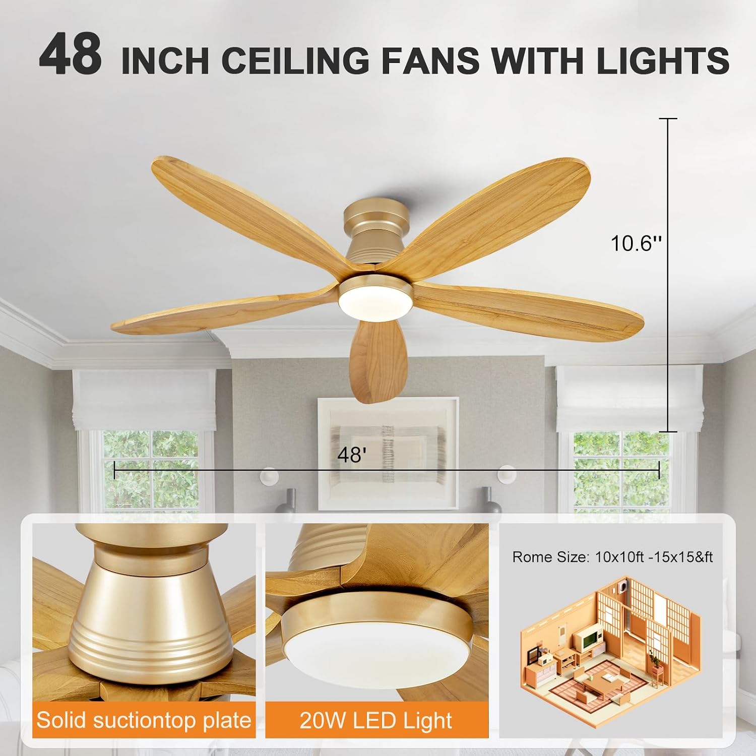 48 Inch Flush Mount Ceiling Fans with Lights and Remote, Modern Low Profile Wood Ceiling Fan with Light，Indoor Outdoor Ceiling Fans for Patio Office, Dimmable, Wall Switch, Memory Function