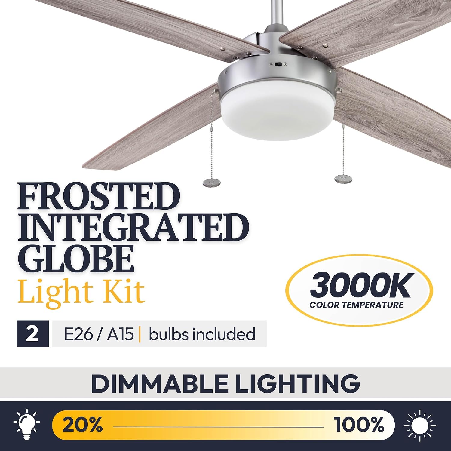 Prominence Home Memphis, 52 Inch Contemporary Indoor LED Ceiling Fan with Light, Pull Chain, Dual Mounting Options, 4 Dual Finish Blades, Reversible Motor - 51652-01 (Pewter)
